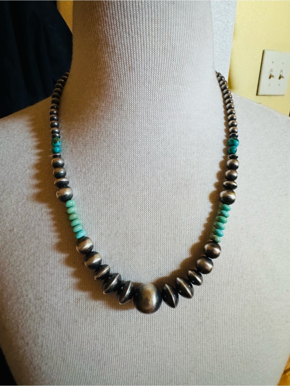 Machine made pearlsTurquoise and Oxidized Silver Bead Necklace - Women's Jewelry